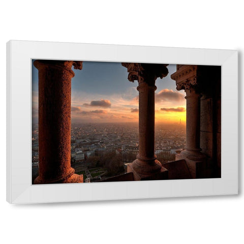Sunset in Paris-France from the screecher with distant Eiffel Tower White Modern Wood Framed Art Print by Steve Mohlenkamp