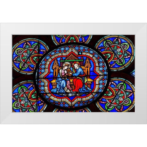 Virgin Mary-Jesus Christ stained glass-Notre Dame Cathedral-Paris-France  White Modern Wood Framed Art Print by Perry, William