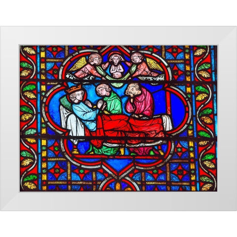 King Death Bed Angels Medieval Stories stained glass-Notre Dame Cathedral-Paris-France  White Modern Wood Framed Art Print by Perry, William