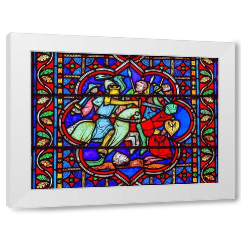Knights Fighting Swords Horses Battle War stained glass-Notre Dame Cathedral-Paris-France  White Modern Wood Framed Art Print by Perry, William