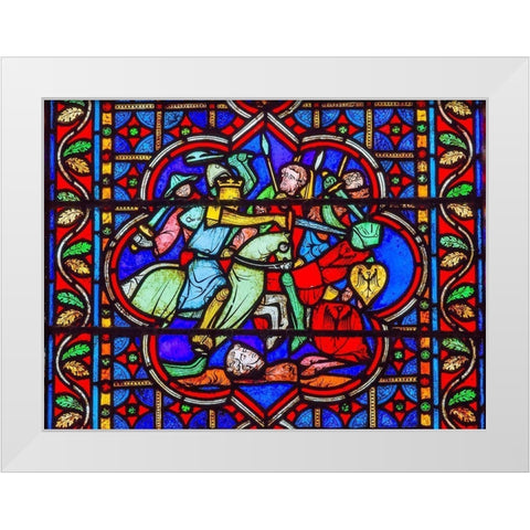 Knights Fighting Swords Horses Battle War stained glass-Notre Dame Cathedral-Paris-France  White Modern Wood Framed Art Print by Perry, William