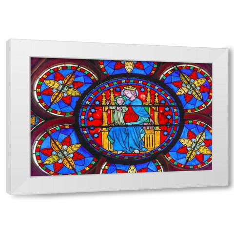 Virgin Mary-Jesus Christ stained glass-Notre Dame Cathedral-Paris-France  White Modern Wood Framed Art Print by Perry, William