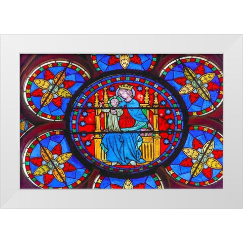 Virgin Mary-Jesus Christ stained glass-Notre Dame Cathedral-Paris-France  White Modern Wood Framed Art Print by Perry, William