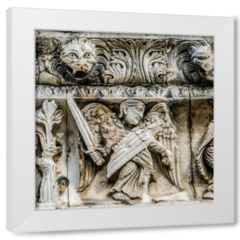 Saint Michael angel statue facade- Nimes Cathedral- Gard- France. Created 1100 AD- White Modern Wood Framed Art Print by Perry, William
