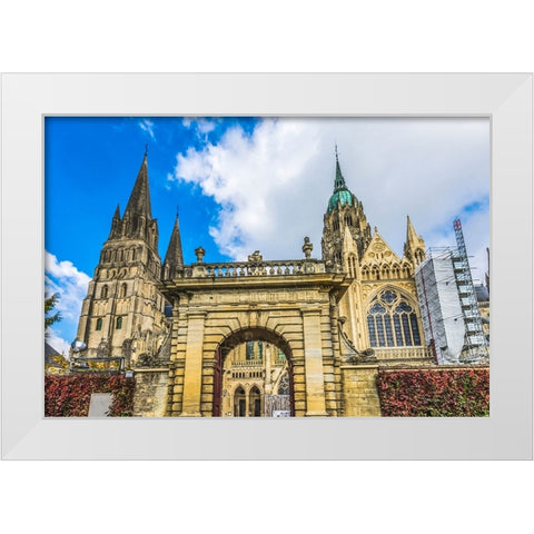 Outside Bayeux Cathedral- Bayeux- Normandy- France. Catholic church White Modern Wood Framed Art Print by Perry, William