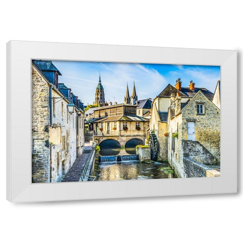 Colorful old buildings- Aure River reflection- Bayeux- Normandy- France White Modern Wood Framed Art Print by Perry, William