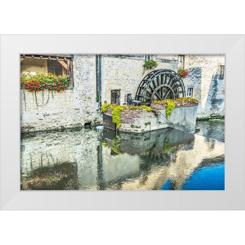 Colorful old buildings- Aure River reflection- Bayeux- Normandy- France White Modern Wood Framed Art Print by Perry, William