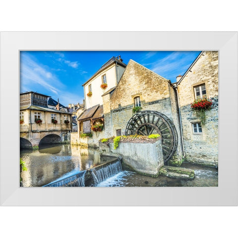 Colorful old buildings- Aure River reflection- Bayeux- Normandy- France White Modern Wood Framed Art Print by Perry, William