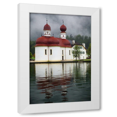 Germany, Lake Konigssee St Bartholomews Church White Modern Wood Framed Art Print by Flaherty, Dennis