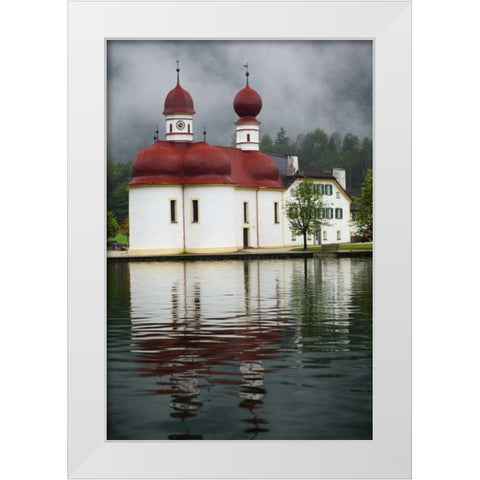 Germany, Lake Konigssee St Bartholomews Church White Modern Wood Framed Art Print by Flaherty, Dennis