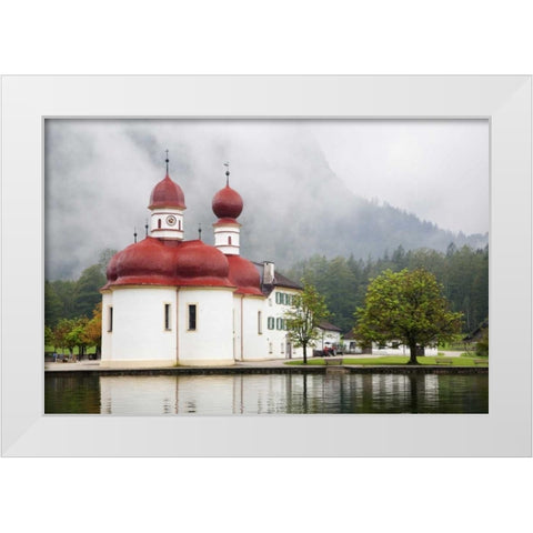 Germany, Lake Konigssee St Bartholomews Church White Modern Wood Framed Art Print by Flaherty, Dennis