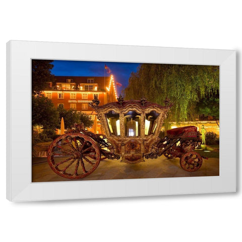 Germany-Lindau Island-Lake Constance Victorian ornate carriage in front of hotel at night White Modern Wood Framed Art Print by Jaynes Gallery