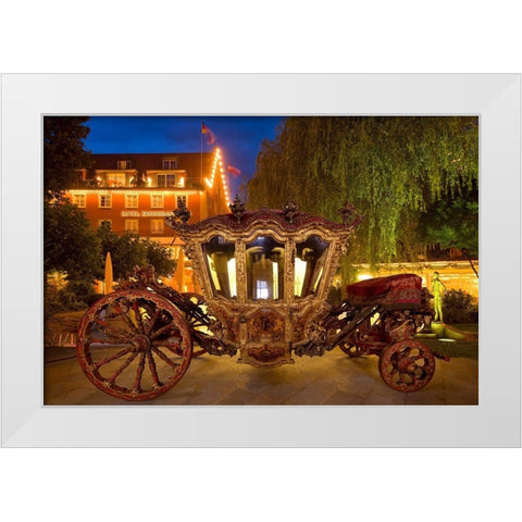 Germany-Lindau Island-Lake Constance Victorian ornate carriage in front of hotel at night White Modern Wood Framed Art Print by Jaynes Gallery
