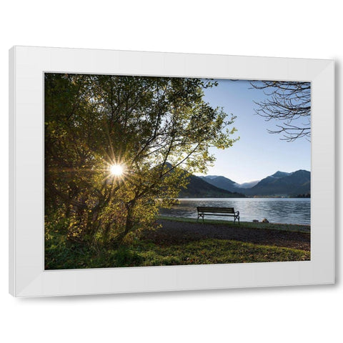Sunrise at lake and village Schliersee in the Bavarian Alps during autumn-Bavaria-Germany White Modern Wood Framed Art Print by Zwick, Martin