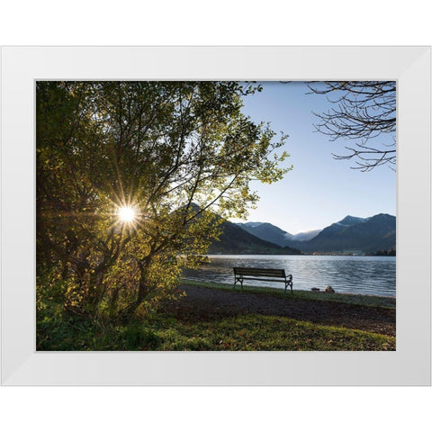 Sunrise at lake and village Schliersee in the Bavarian Alps during autumn-Bavaria-Germany White Modern Wood Framed Art Print by Zwick, Martin
