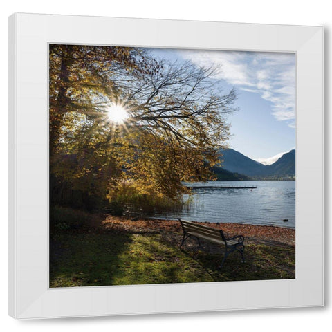 Sunrise at lake and village Schliersee in the Bavarian Alps during autumn-Bavaria-Germany White Modern Wood Framed Art Print by Zwick, Martin