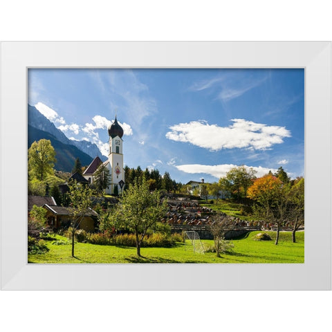 Church St-Johannes der Taufer-John the Baptist-Mount Zugspitze in the background-Village Grainau ne White Modern Wood Framed Art Print by Zwick, Martin