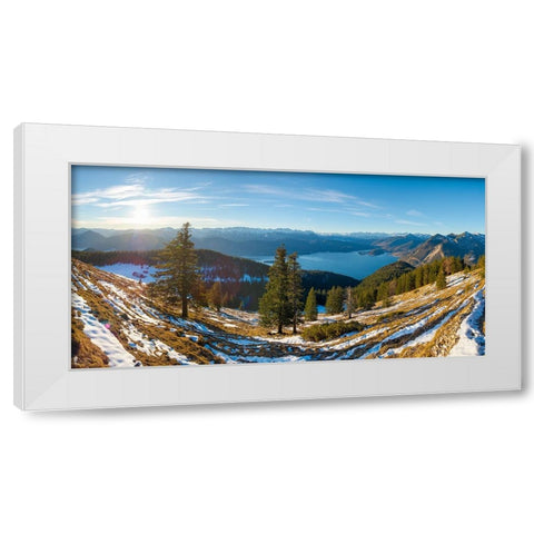 View from Mt-Jochberg near lake Walchensee towards lake Walchensee-Wetterstein mountain range and K White Modern Wood Framed Art Print by Zwick, Martin