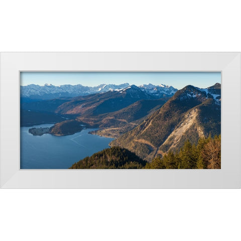 View from Mt-Jochberg near lake Walchensee towards lake Walchensee and Wetterstein mountain range-G White Modern Wood Framed Art Print by Zwick, Martin