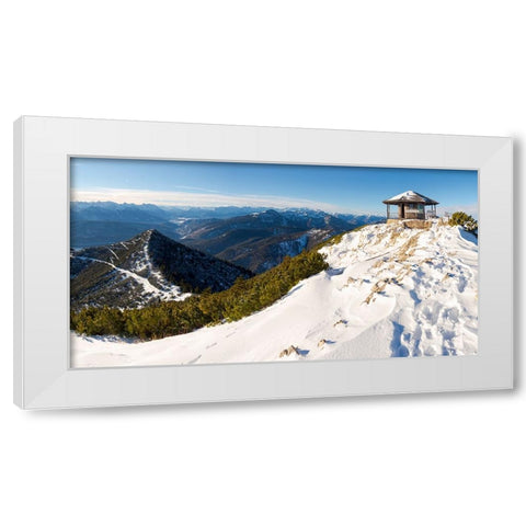 View towards the summit pavilion-View from Mt-Herzogstand near lake Walchensee-Germany-Bavaria White Modern Wood Framed Art Print by Zwick, Martin