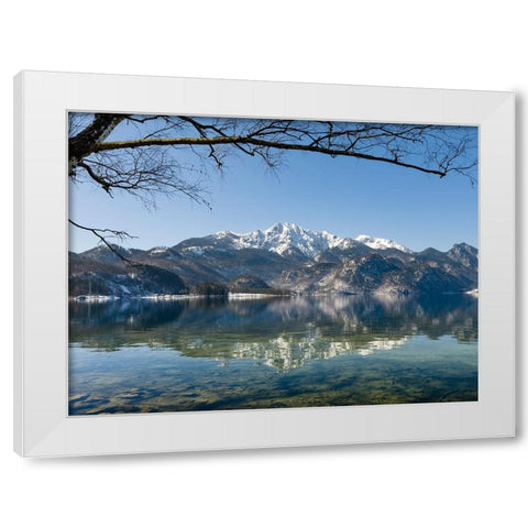 Lake Kochelsee at village Kochel am See during winter in the Bavarian Alps-Mt-Herzogstand in the ba White Modern Wood Framed Art Print by Zwick, Martin