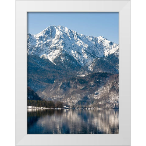 Lake Kochelsee at village Kochel am See during winter in the Bavarian Alps-Mt-Herzogstand in the ba White Modern Wood Framed Art Print by Zwick, Martin