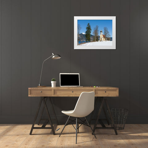 Church Sankt Margareth at Zwergern Spitz-Lake Walchensee near village Einsiedl in the snowy Bavaria White Modern Wood Framed Art Print by Zwick, Martin
