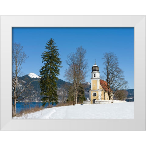 Church Sankt Margareth at Zwergern Spitz-Lake Walchensee near village Einsiedl in the snowy Bavaria White Modern Wood Framed Art Print by Zwick, Martin