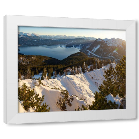 View towards lake Walchensee and the Karwendel mountain range-View from Mt-Jochberg near lake Walch White Modern Wood Framed Art Print by Zwick, Martin