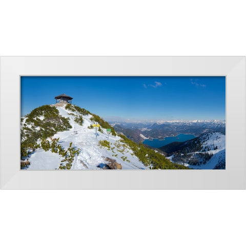 Summit of Mt-Herzogstand with pavilion near lake Walchensee during winter in the Bavarian Alps-Germ White Modern Wood Framed Art Print by Zwick, Martin