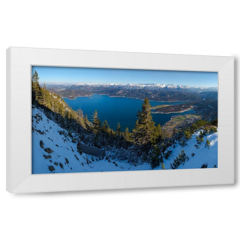 The view from Mt-Fahrenberg-Kopf towards lake Walchensee and Karwendel mountain range during winter White Modern Wood Framed Art Print by Zwick, Martin