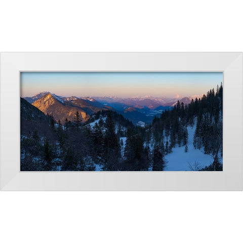View towards Karwendel Mountains-Mt-Jochberg and Mt-Benediktenwand-View from Mt-Herzogstand near la White Modern Wood Framed Art Print by Zwick, Martin