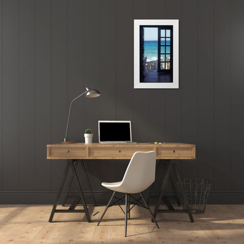 Greece, Island of Mykonos Ocean through door White Modern Wood Framed Art Print by Noble Gardner, Nancy
