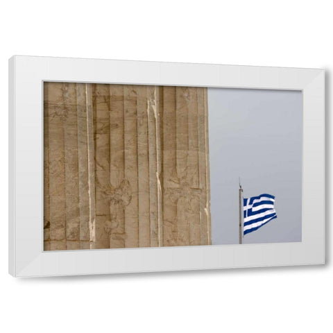 Greece, Acropolis Parthenon and Greek flag White Modern Wood Framed Art Print by Young, Bill