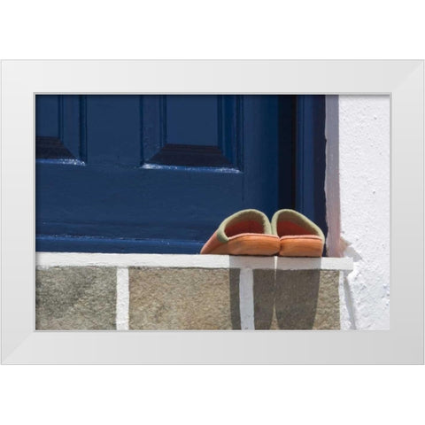 Greece, Mykonos, Hora Slippers on threshold White Modern Wood Framed Art Print by Young, Bill