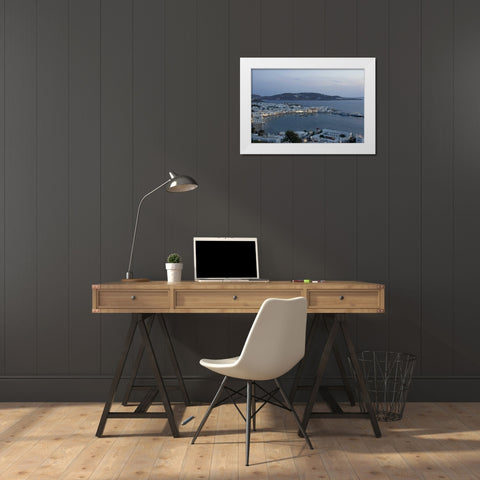 Greece, Mykonos, Hora Evening overlooking harbor White Modern Wood Framed Art Print by Young, Bill
