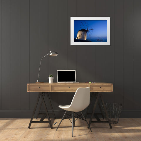Greece, Mykonos, Hora Windmill and luxury yacht White Modern Wood Framed Art Print by Young, Bill