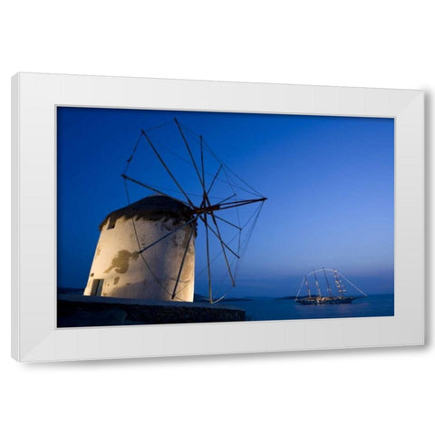 Greece, Mykonos, Hora Windmill and luxury yacht White Modern Wood Framed Art Print by Young, Bill