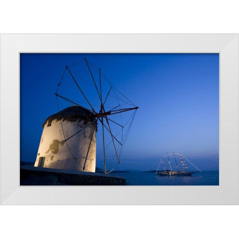 Greece, Mykonos, Hora Windmill and luxury yacht White Modern Wood Framed Art Print by Young, Bill
