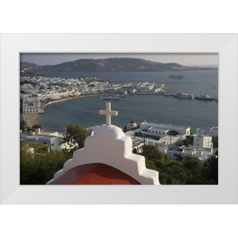 Greece, Mykonos, Hora Town and bay overlook White Modern Wood Framed Art Print by Young, Bill