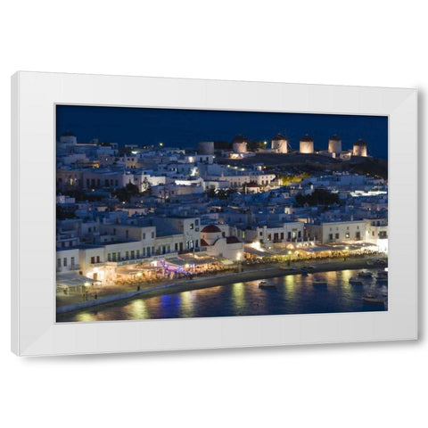 Greece, Hora Night view overlooking harbor White Modern Wood Framed Art Print by Young, Bill