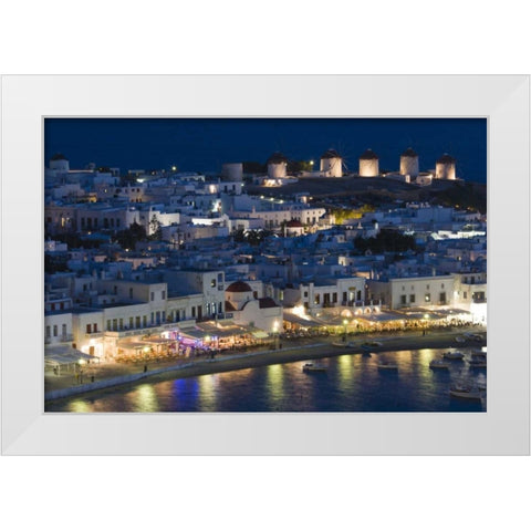 Greece, Hora Night view overlooking harbor White Modern Wood Framed Art Print by Young, Bill