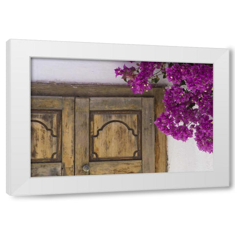 Greece, Hora Wooden doorway and bougainvillea White Modern Wood Framed Art Print by Young, Bill