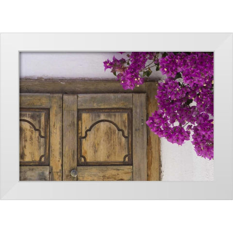 Greece, Hora Wooden doorway and bougainvillea White Modern Wood Framed Art Print by Young, Bill