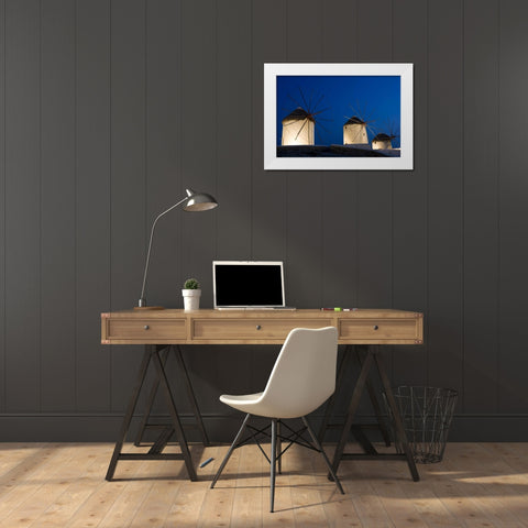 Greece, Mykonos, Hora Windmills lit at sunset White Modern Wood Framed Art Print by Young, Bill
