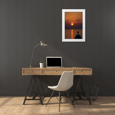 Greece, Mykonos Greek Orthodox church, sunset White Modern Wood Framed Art Print by Young, Bill