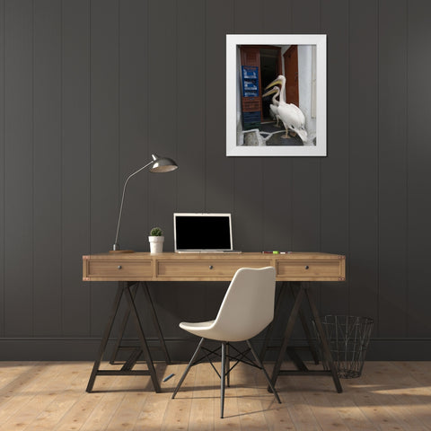 Greece, Mykonos, Hora Two pelicans in restaurant White Modern Wood Framed Art Print by Young, Bill