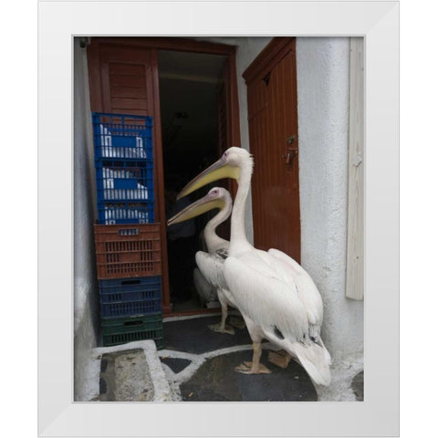 Greece, Mykonos, Hora Two pelicans in restaurant White Modern Wood Framed Art Print by Young, Bill