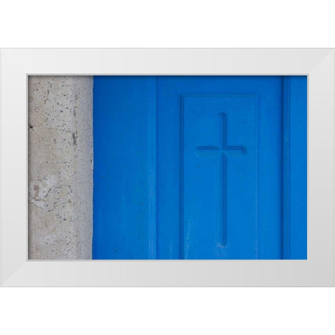 Greece, Oia Christian cross engraved in a door White Modern Wood Framed Art Print by Young, Bill