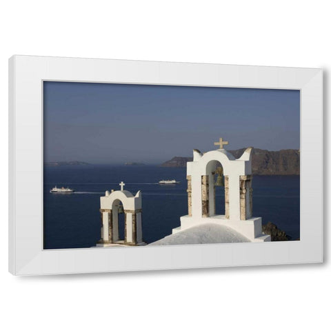 Greece, Thira, Oia Bay scenic with bell tower White Modern Wood Framed Art Print by Young, Bill